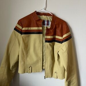 multi colored faux leather moto jacket